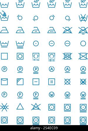 Vektorsymbole zum Waschen und Wringen, Trocknen und Bügeln von Kleideretiketten. Symbole für die Pflegelinie von Kleidungsstücken. Anleitung Waschen für Kleidung Illustration. Vektorsymbole zum Waschen und Wringen, Trocknen und Bügeln von Kleideretiketten. Symbole für die Pflegelinie von Kleidungsstücken Stock Vektor