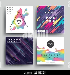 Retro-holographische und bewegungsgeometrische, kosmische Energie abstrakte Vektorhintergründe gesetzt. Farbspritzer auf dem Poster, Illustration eines bannerfarbenen Flüssigfleckentwurfs. Retro-holographische und bewegungsgeometrische, kosmische Energie abstrakte Vektorhintergründe gesetzt Stock Vektor