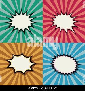 Leere Pop-Art-Sprechblasen und geplatzte Formen auf Retro-Superhelden Sonnenuntergang Hintergrund Vektor Set. Hintergrund-Knall-Burst, Illustration einer Seite mit radialem Burst. Leere Pop-Art-Sprechblasen und geplatzte Formen auf Retro-Superhelden Sonnenuntergang Hintergrund Vektor Set Stock Vektor
