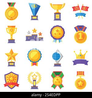 Vektorsymbole für flache Belohnungen. Goldene Becher, Medaillen und Kronen Piktogramme. Medaille und Sporttrophäe, Illustration des Leistungswettbewerbs. Vektorsymbole für flache Belohnungen. Goldene Becher, Medaillen und Kronen Piktogramme Stock Vektor