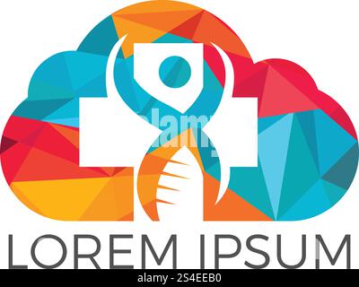 Abstraktes Cross Medical and Human DNA Cloud Vector Logo Design. Logo für die Klinik, das Pharmaunternehmen. Online-Apotheke und medizinisches Versorgungskonzept. Stock Vektor