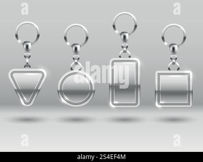Silberne Schlüsselanhänger in verschiedenen Formen für Vektorvorlagen für Haustüren. Schlüsselanhänger oder Schmuckstück aus Metall, Illustration einer realistischen Schlüsselanhänger-Vorlage. Silberne Schlüsselanhänger in verschiedenen Formen für Vektorvorlagen für Haustüren Stock Vektor