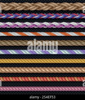 Nahtlose Vektor gerade Seile und Stränge isoliert auf transparentem Hintergrund. Satz farbiger Seile, Illustration verschiedener Seile. Nahtlose Vektor gerade Seile und Stränge isoliert auf transparentem Hintergrund Stock Vektor