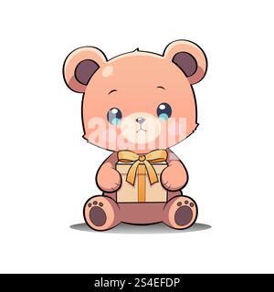 Trauriger Teddybär Cartoon hält Geschenk niedlicher Tiervektor Grafik Teddytag EPS10 Stock Vektor