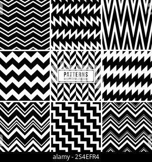 Zickzack-Vektormuster. Regulär gestreifte geometrische Strukturen in Schwarz und weiß. Zick-Zack-Struktur-Stil weiß schwarz, Mode-Set mit Zick-Zack-Muster-Illustration. Zickzack-Vektormuster. Regulär gestreifte geometrische Strukturen in Schwarz und weiß Stock Vektor