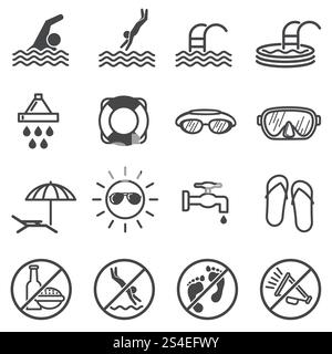 Warnschilder für öffentliche Pools. Symbole für Schwimmregeln. Öffentliche Regel im Wasserbecken, Darstellung der Einschränkungen und Verbot im Schwimmbad. Warnschilder für öffentliche Pools. Symbole für Schwimmregeln Stock Vektor