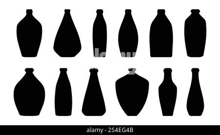 Flaschen aus verschiedenen Getränken, schwarze Silhouetten, isoliert auf weiß. Stock Vektor