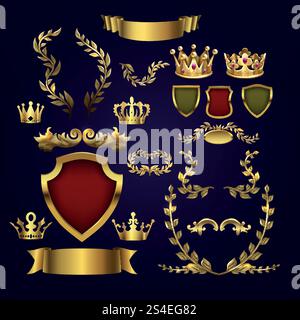 Goldene Vektorheraldische Elemente. Königskronen, Lorbeerkranz und königliches Schild für 3D-Etiketten und Abzeichen. Rahmen heraldische Krone, Illustration der goldenen Königskrone. Goldene Vektorheraldische Elemente. Königskronen, Lorbeerkranz und königliches Schild für 3D-Etiketten und Abzeichen Stock Vektor