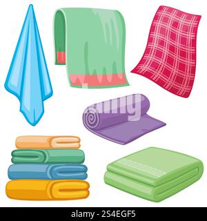 Cartoon Handtücher Vektor Set. Stofftuch für das Bad, Illustration von Cartoon Stofftuch für Hygiene. Cartoon Handtücher Vektor Set Stock Vektor