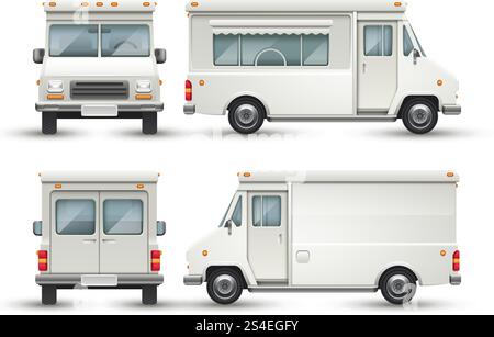 Weißes leeres Lebensmittelauto, kommerzielle LKW isolierte Vektorvorlage für Restaurantmarke Identität und Logo Design. Abbildung zur Wartung von Van-Fahrzeugen. Weißes Lebensmittelauto, kommerzieller LKW isoliert Stock Vektor