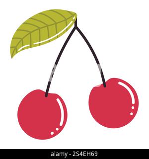 Niedliche Karikatur-Kirschbeere mit Blatt in flachem Stil. Sommerbeeren isoliert auf weißem Hintergrund. Stock Vektor
