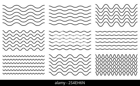 Dünne, wellenförmige Kollektion mit nahtlosem Rand. Dekor mit Wellenmuster. Satz von geschweiften Zickzack-Linien. Dünne, wellenförmige Kollektion mit nahtlosem Rand. Wellenmuster Stock Vektor
