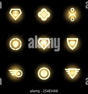 Glänzendes Superheldenemblem, Logo oder Symbole auf schwarzem Hintergrund. Vektorabbildung. Superheldenemblem, Logo oder Symbole auf schwarzem Hintergrund Stock Vektor