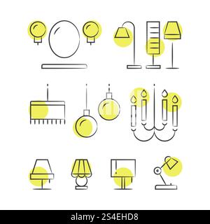 Handgezeichnete Lichtlinien-Symbole. Zeichenskizze Lampe, Vektorillustration. Handgezeichnete Lichtlinien-Symbole Stock Vektor