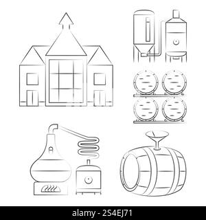 Symbole mit dünnen Linien für Whiskey – umreißen Logos für den Whisky-Prozess. Vektorabbildung. Symbole mit dünnen Linien für Whiskey – umreißen Logos für den Whisky-Prozess Stock Vektor