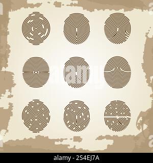 Fingerabdruckkollektion im grunge Vintage-Hintergrund. Fingerabdruck der Sicherheit, Vektorillustration. Fingerabdruckkollektion im grunge Vintage-Hintergrund Stock Vektor