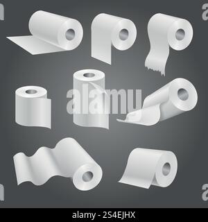 Toilettenpapierrolle für Bad und Toilette, weiße weiche Küchentücher Vektor-Set. Abbildung: Papierrolle des Sets. Toilettenpapierrolle, weiße weiche Küchentücher Vektor-Set Stock Vektor