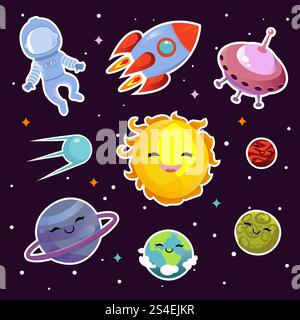 Space Vector Fashion Patch Badges mit Planeten, Sternen und außerirdischen Raumschiffen. Planeten und Sonnenabzeichen, Illustration des Sternensonnenabzeichens. Space Vector Fashion Patch Badges mit Planeten, Sternen und außerirdischen Raumschiffen Stock Vektor