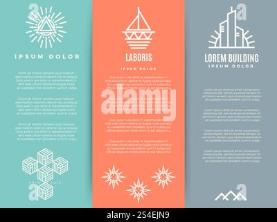 Minimalistisch geometrische Broschürenflyer im Vintage-Stil mit linearen Logos. Business Vintage Banner mit minimalem Layout. Vektorabbildung. Minimalistisch geometrische Broschürenschablone mit linearen Logos im Vintage-Stil Stock Vektor