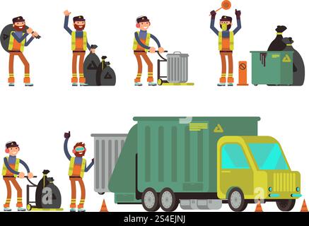 Garbage man collecting city rubbish and waste for recycling. Vector set of people collect dumpster city illustration. Garbage man collecting city rubbish and waste for recycling. Vector set Stock Vektor