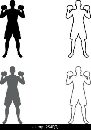 Mann, der Übungen mit Kurzhanteln macht Sport Action männlich Workout Silhouette Vorderansicht Symbol Set grau schwarz Farbe Vektor Illustration Umriss flache Stil einfaches Bild Stock Vektor