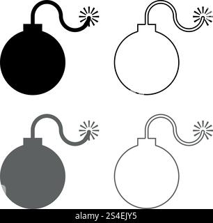 Bombe explosive Militär Anicent Zeitbombe Waffe mit Feuer Funken Konzept Werbung Boom Icon Set grau schwarz Farbe Vektor Illustration Umriss flache Stil einfaches Bild Stock Vektor