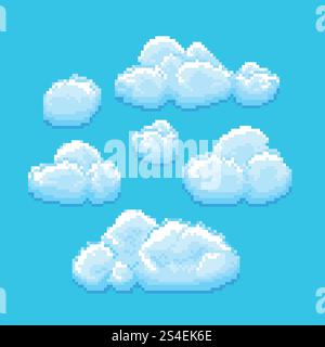 Himmel mit Wolken Vektor Pixel Kunst. Cloudscape-Hintergrund für Retro-Spiele. Pixel-Karikaturwolken, Illustration der Luftwolke Vintage. Himmel mit Wolken Vektor Pixel Kunst. Cloudscape-Hintergrund für Retro-Spiele Stock Vektor