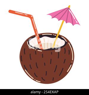 Niedliches Cartoon-Kokosgetränk mit Strohhalm und Schirm in flachem Stil. Tropischer Kokosnusscocktail am Strand, isoliert auf weißem Hintergrund. Stock Vektor