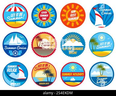 Vintage-Sommerkennzeichnung. Vektorlogos für tropische Feiertage mit Typografie. Sommerurlaub tropisch, Illustration von Sommeraufklebern. Vintage-Sommerkennzeichnung. Vektorlogos für tropische Feiertage mit Typografie Stock Vektor