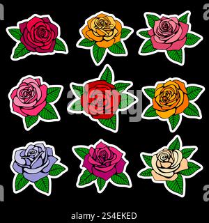 Vektor-Patches und Aufkleber im Stil der 90er Jahre. Stickermotiv Rose, Illustration einer modefarbenen Rose. Vektor-Patches und Aufkleber im Stil der 90er Jahre Stock Vektor