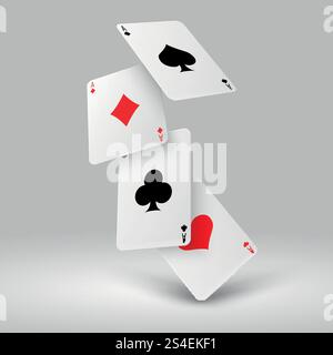 Fallender Poker, der Asskarten spielt. Casino-Glücksspiel-Vektor-Konzept. Vier Ass-Karten für Poker-Glücksspiel-Illustration. Fallender Poker, der Asskarten spielt. Casino-Glücksspiel-Vektor-Konzept Stock Vektor