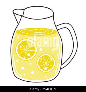 Niedlicher Cartoon-Krug mit Limonade im flachen Stil. Zitronensaft Sommergetränk isoliert auf weißem Hintergrund. Stock Vektor