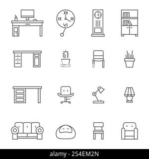 Arbeitszimmermöbel und Accessoires dünne Symbole. Sammlung von Linearmöbeln. Vektorabbildung. Arbeitszimmermöbel, dünne Linien, Symbole Stock Vektor