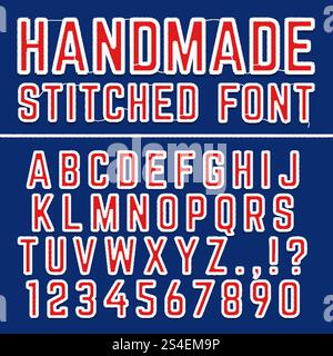 Handgefertigtes gesticktes Vektorschriftalphabet. Zusammengenähte Buchstaben für Stoffdekoration. Buchstabenstich, Illustration der abc-Dekoration. Handgefertigtes gesticktes Vektorschriftalphabet. Zusammengenähte Buchstaben für Stoffdekoration Stock Vektor