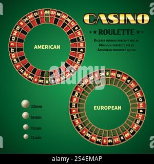 Amerikanische und europäische Casino Roulette-Räder mit weißem Ball. Vektor-Illustration Vorlage Casino Roulette Rad. Amerikanische und europäische Casino Roulette Bewegung Räder Vektor Illustration Stock Vektor