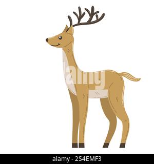 Niedlicher Cartoon Happy Deer mit Hörnern im flachen Stil. Symbolisches Tier für frohe Weihnachten. Stock Vektor