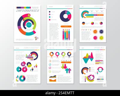 Moderne Dokumente zur Geschäftspräsentation mit Grafiken und Infografiken. Broschürenseiten für Vektorvorlagen für das Unternehmensmarketing. Dokumente mit Farbgrafik zur Darstellung von Präsentationen. Moderne Dokumente zur Geschäftspräsentation mit Grafiken und Infografiken. Broschürenseiten für Vektorvorlagen für das Unternehmensmarketing Stock Vektor