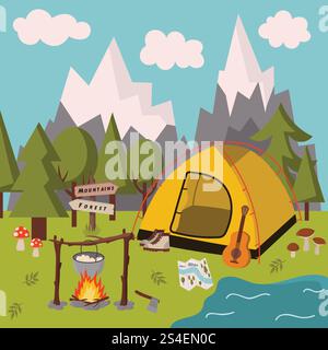 Karikaturszene des Campingens stoppen mit Zelt und Lagerfeuer in flachem Stil isoliert auf weißem Hintergrund. Stock Vektor