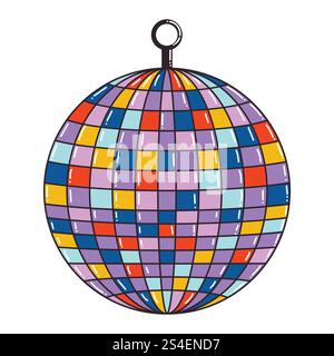 Bunte Comic Disco Kugel isoliert auf weißem Hintergrund. Retro-Partyball im Stil der 90er Jahre. Stock Vektor