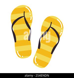 Niedliche Flip-Flops mit gelben Streifen in Zeichentrickfarben im flachen Stil. Strandschuhe isoliert auf weißem Hintergrund. Stock Vektor