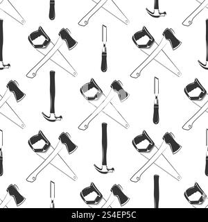 Nahtloses Schreinermuster mit Hammer, Axt, Säge. Hintergrund mit Tischlerinstrumenten. Vektorabbildung. Nahtloses Schreinermuster mit Hammer, Axt, Säge Stock Vektor