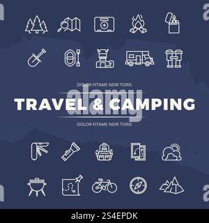 Symbole für die Reise- und Campinglinie vor blauem Hintergrund. Vektorabbildung. Symbole für Reise- und Campinglinien gesetzt Stock Vektor