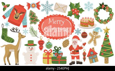 Niedliche Cartoon Merry Christmas Kollektion mit Designelementen mit Weihnachtsmann und Geschenken, Schneemann und Hirsch, Kuchen und Kranz isoliert auf weiß. Winter Stock Vektor