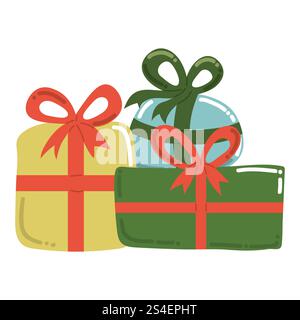 Süße Cartoon Merry Christmas Geschenkboxen mit Schleifen im flachen Stil. Stock Vektor