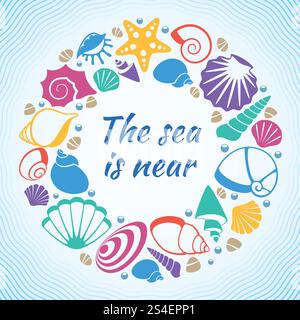 Tropisches Resort Wasservektorkonzept mit Muscheln am Strand. Muscheln und Seesterne, Marine Souvenir Design Illustration. Tropisches Resort Wasservektorkonzept mit Muscheln am Strand Stock Vektor