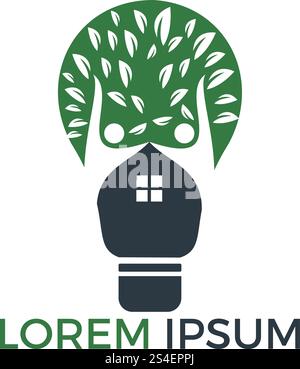 Smart-House-Logo-Vorlage. Glühbirne mit Baumhaus und People Logo. Konzept für intellektuelles Heim, Wohnung oder Hütte. Stock Vektor
