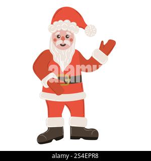 Niedlicher Cartoon glücklicher Weihnachtsmann, der winkt oder auf etwas flaches zeigt. Fröhliche Weihnachtsfigur oder -Symbol. Stock Vektor
