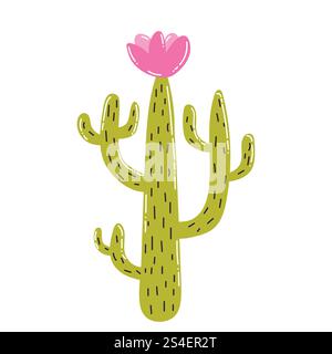 Niedlicher Kaktus mit Zeichentrickblüten im flachen Stil. Tropische Sommerpflanze mit Blume isoliert auf weißem Hintergrund. Stock Vektor
