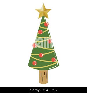 Niedlicher Weihnachtsbaum mit Stern- und Kugelschmuck im flachen Stil. Frohe Weihnachtsfeiertag. Stock Vektor