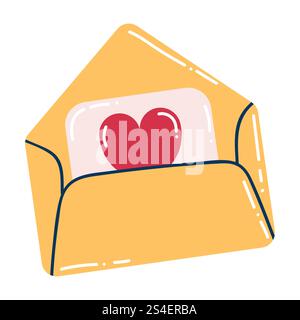 Ein niedlicher Umschlag mit geöffnetem Cartoon und valentinstag in flachem Stil. Frohe Valentinstag-Feier. Stock Vektor